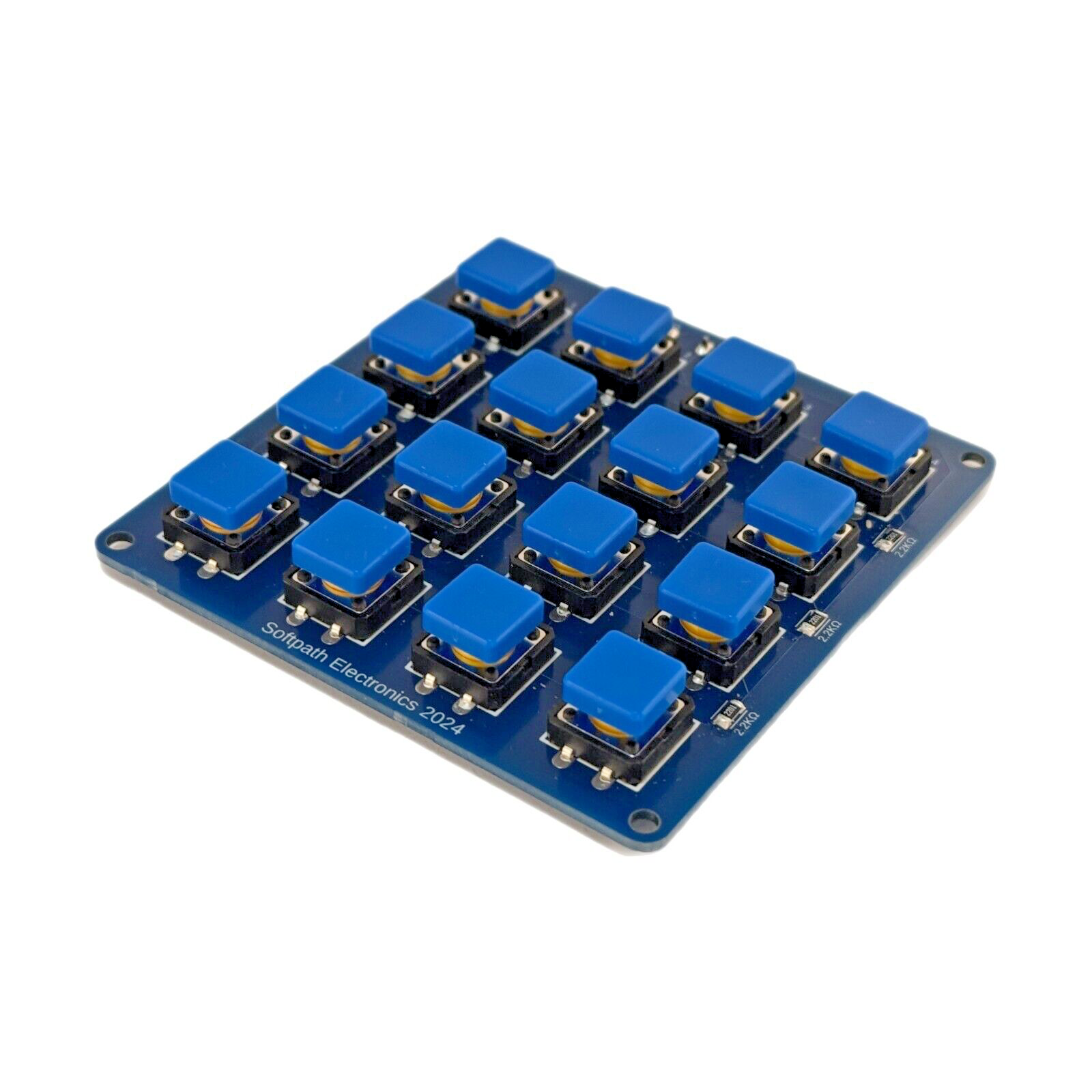 Ansicht des Tastenblocks mit 16 Tasten, jede mit einer blauen Kunststoffkappe versehen. Das Board trägt die Beschriftung "Softpath Electronics 2024" und zeigt die Anordnung der Tasten.
