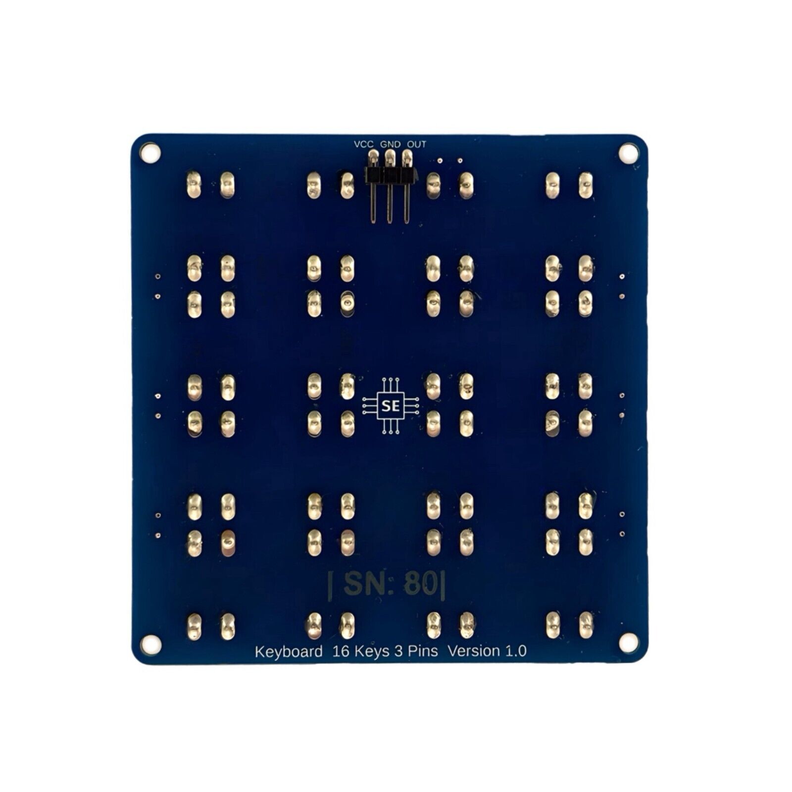 Rückansicht des Tastaturmoduls mit einer klaren Beschriftung der Anschlusspins: VCC, GND, OUT. Das Logo von "Softpath Electronics" ist in der Mitte des Boards zu sehen.
