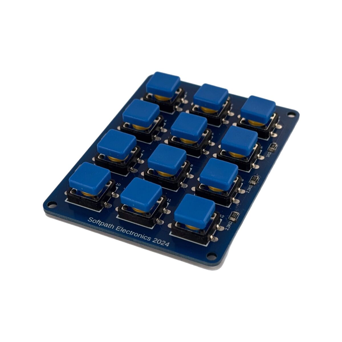 Schrägansicht eines Tastenmoduls mit 12 blauen Kappen, die gleichmäßig auf dem blauen Board angeordnet sind. Das Logo "Softpath Electronics 2024" ist sichtbar.