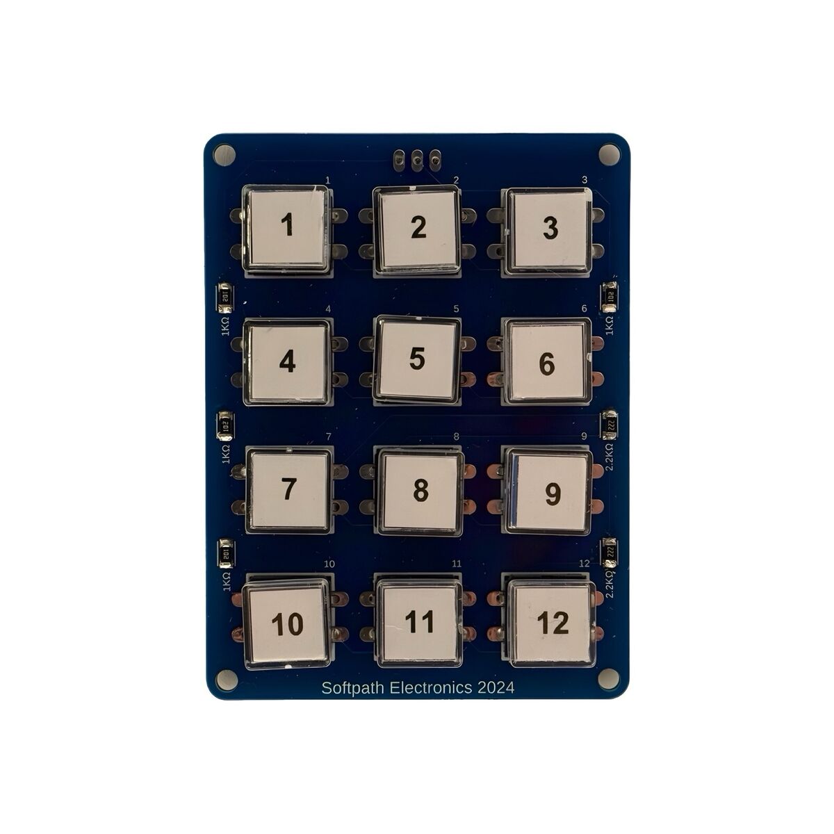 Draufsicht auf ein Tastenmodul mit nummerierten klaren Kappen (1 bis 12), ideal für Anwendungen mit nummerierten Eingaben.