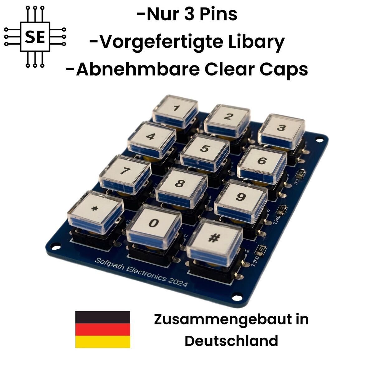 Ein blauer Tastenblock mit 12 nummerierten Tasten, abgedeckt von klaren, abnehmbaren Kappen. Die Beschriftung betont die Features: Nur 3 Pins, vorgefertigte Bibliothek, und in Deutschland zusammengebaut.