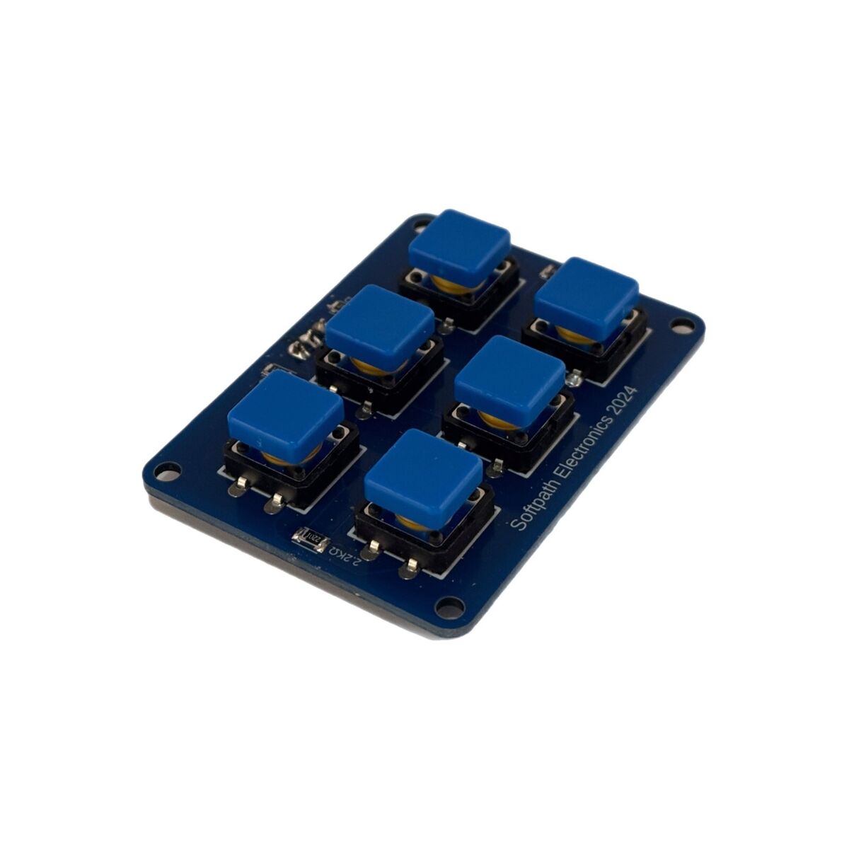  Schrägansicht eines blauen Tastenmoduls mit 6 Tasten, die jeweils mit einer blauen Kunststoffkappe abgedeckt sind. Logo "Softpath Electronics 2024" ist sichtbar.