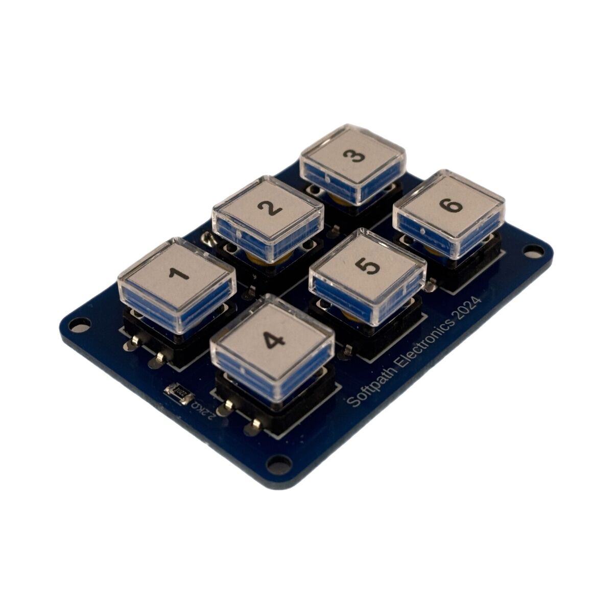Nahaufnahme eines 6-Tastenblocks mit nummerierten klaren Kappen, von 1 bis 6. Die Kappen sind abnehmbar und der Block ist auf einem blauen Board montiert.