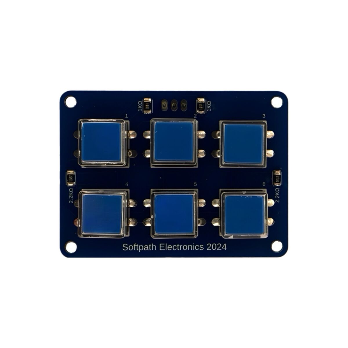 Draufsicht auf den 6-Tastenblock mit blauen Kappen, gleichmäßig in einem 2x3-Raster angeordnet