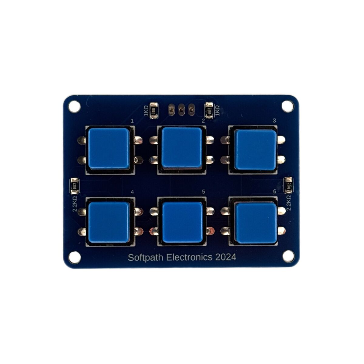 Draufsicht auf den 6-Tastenblock mit blauen Kappen, gleichmäßig in einem 2x3-Raster angeordnet.