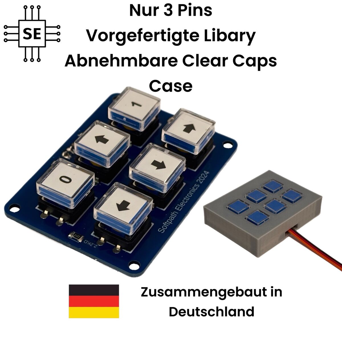 Ein blaues Tastenmodul mit 6 nummerierten Tasten und klaren Kappen. Auf der rechten Seite ist ein Gehäuse mit denselben Tasten und Kabelverbindung zu sehen. Beschriftung hebt Features wie "Nur 3 Pins" hervor.