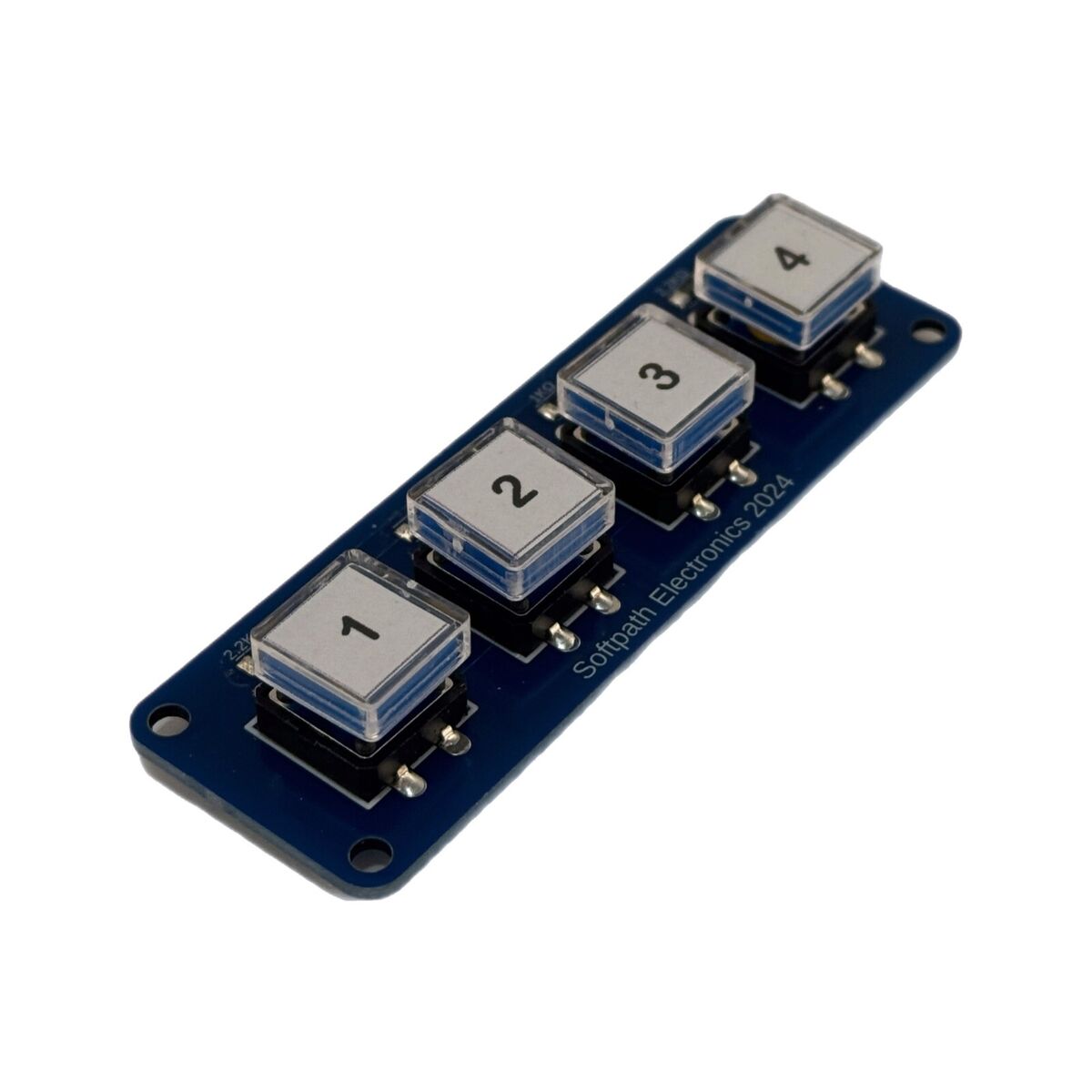 Nahaufnahme eines 4-Tastenblocks mit nummerierten klaren Kappen (1 bis 4). Das Modul ist kompakt und zeigt die Softpath Electronics-Beschriftung.