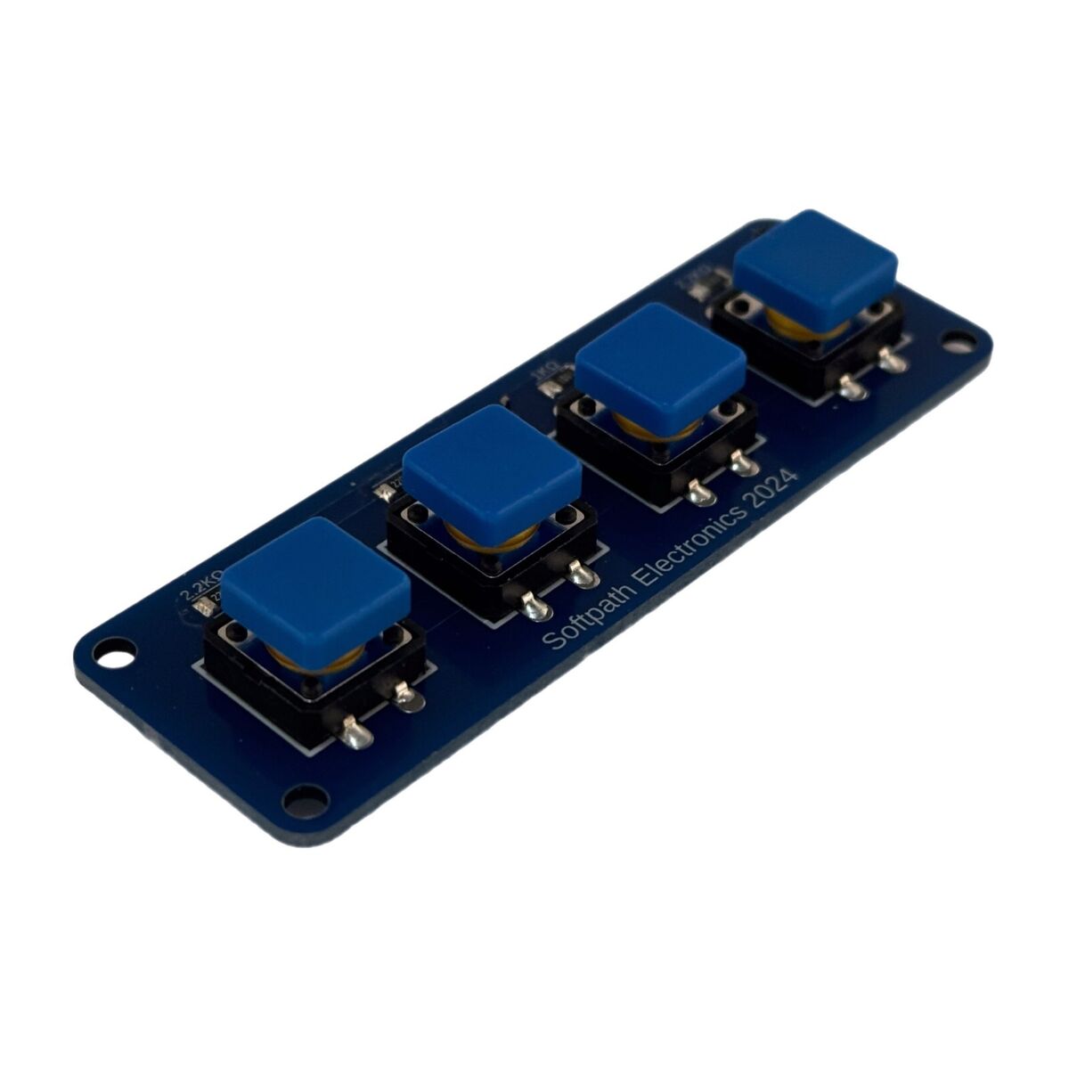 Schrägansicht eines 4-Tastenblocks, die blauen Kappen sind unbeschriftet und heben das minimalistische Design hervor.