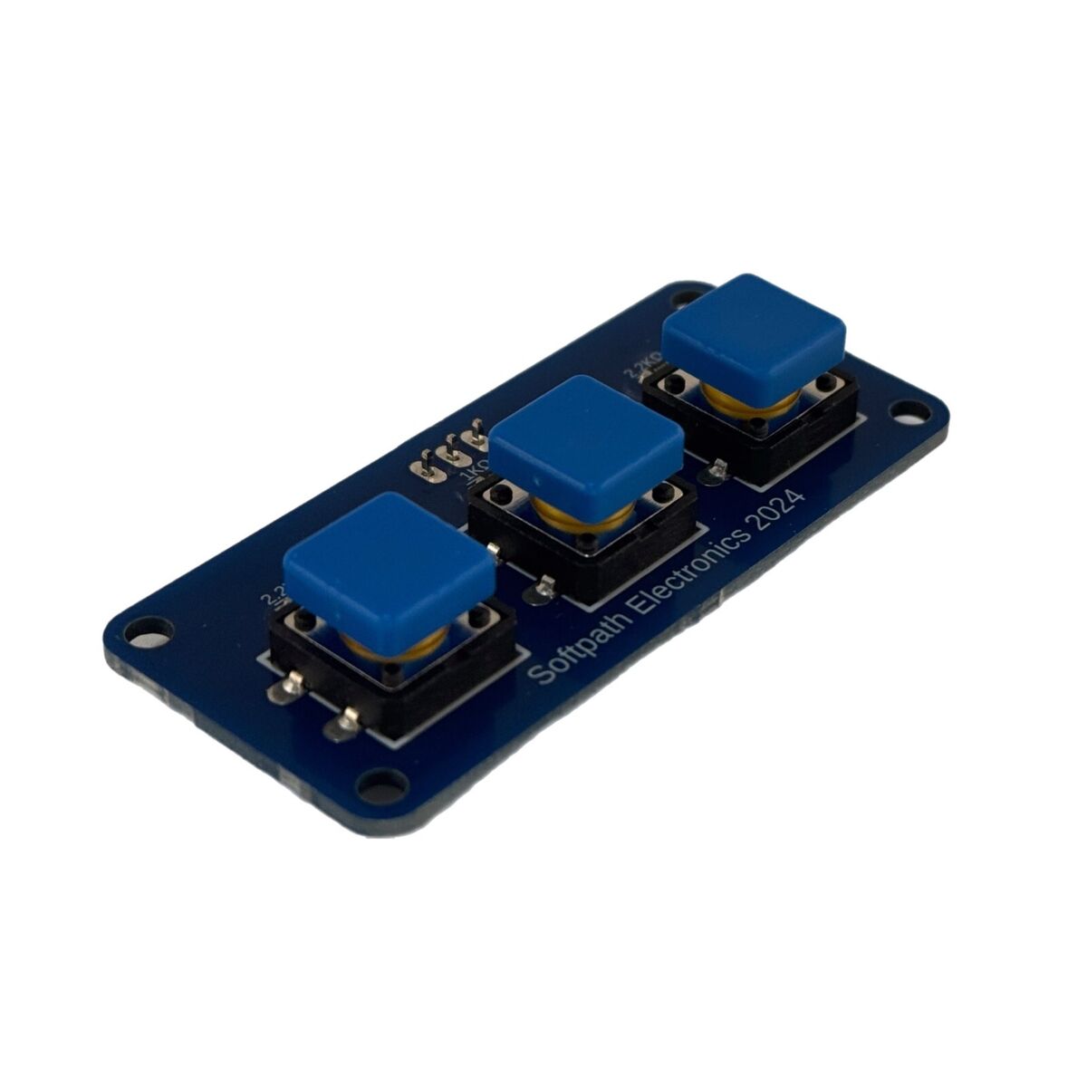 Seitenansicht eines kleinen blauen Tastenblocks mit drei Tasten, jede mit einer blauen Kunststoffkappe versehen. Auf der Platine steht „Softpath Electronics 2024“.
