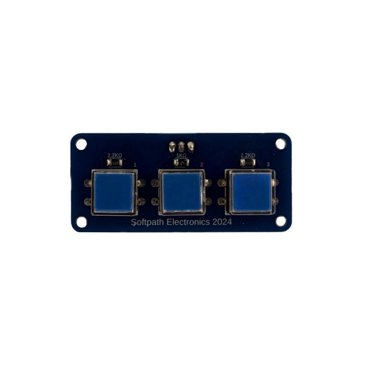 Draufsicht auf einen Tastenblock mit drei blauen Tasten, gleichmäßig angeordnet, und der Beschriftung „Softpath Electronics 2024“.