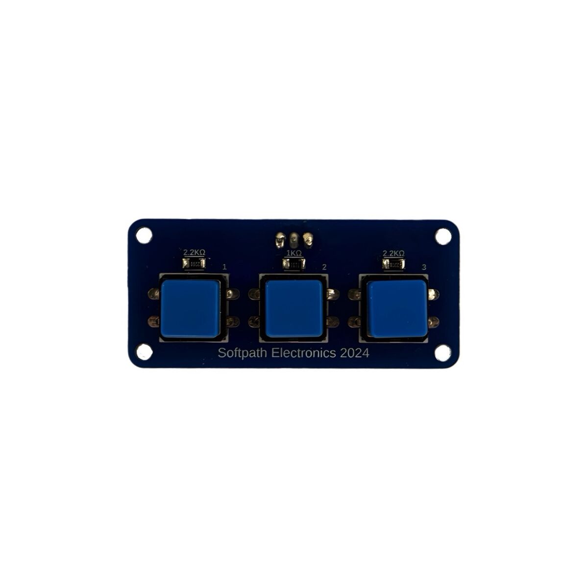Draufsicht auf einen Tastenblock mit drei blauen Tasten, gleichmäßig angeordnet, und der Beschriftung „Softpath Electronics 2024“.