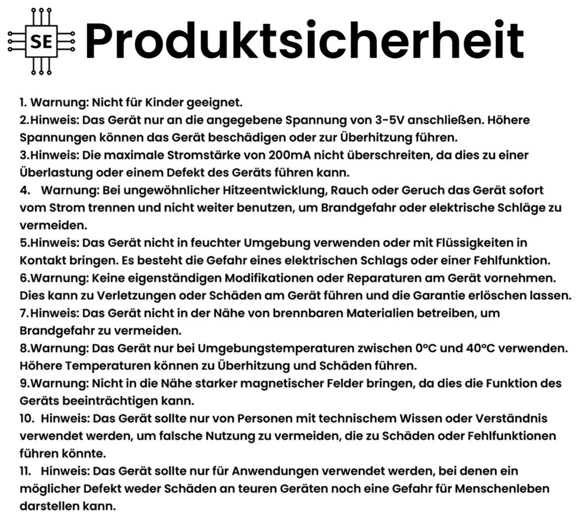 Detaillierte Sicherheitshinweise für die Nutzung des Produkts, einschließlich Warnungen vor falscher Spannung, Umgebungstemperatur und unsachgemäßer Handhabung.