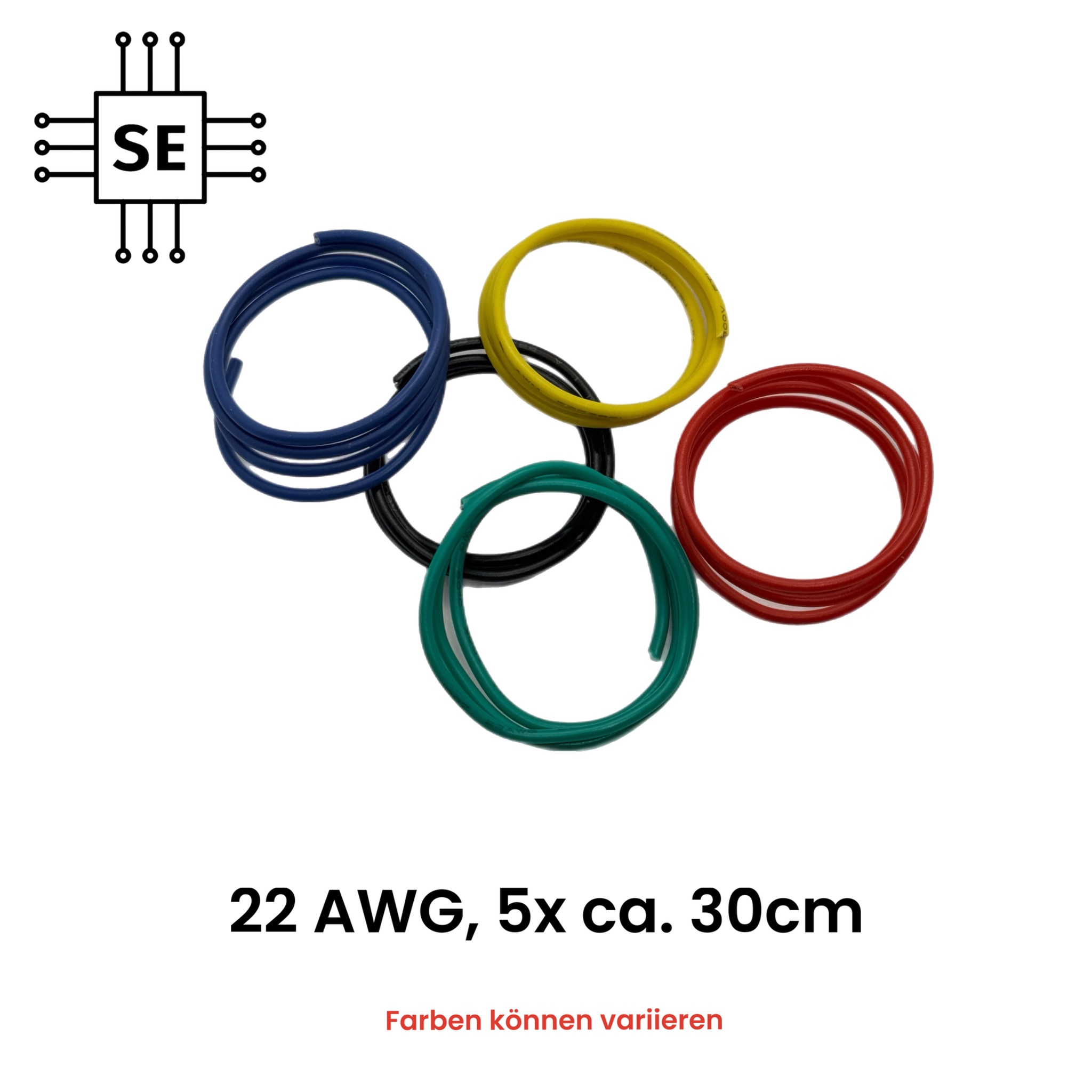 Einzelkupferdraht mit Isolierung, Set 5 x 30 cm ⌀ 0,644 mm Solid Core 22 AWG